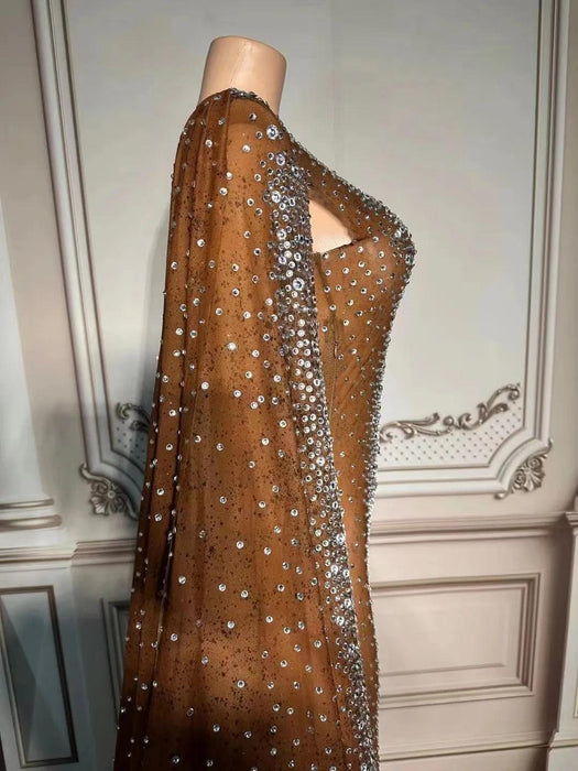 Elegant Rhinestone-Embellished Cape Dress Inspired by Dubai for Women