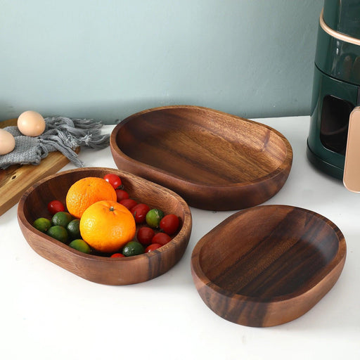 Acacia Wood Bowl Trio - Elegant Oval Serving Dishes for Salads, Fruits, and Desserts