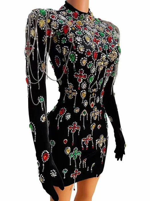 Chic Black Velvet Evening Dress with Vibrant Crystal Accents