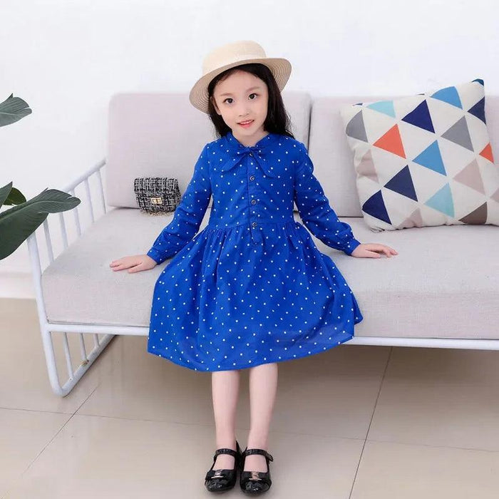 Girls' Long Sleeve Polka Dot Cotton Flare Dress - Stylish Blue Casual & Formal Wear for Kids