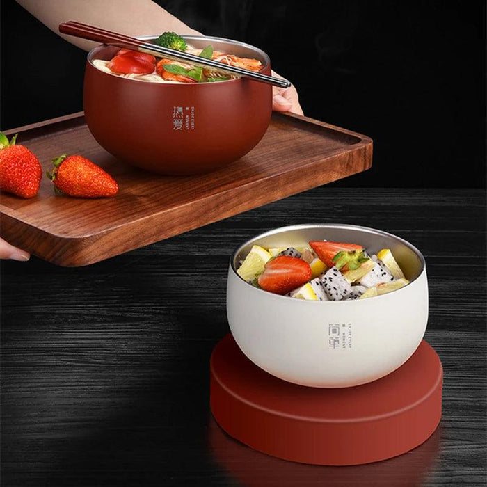 Elegant Double-Walled Stainless Steel Japanese Bowl with Lid for Ramen, Noodles, and Fresh Fruits - Scald-Resistant Tableware