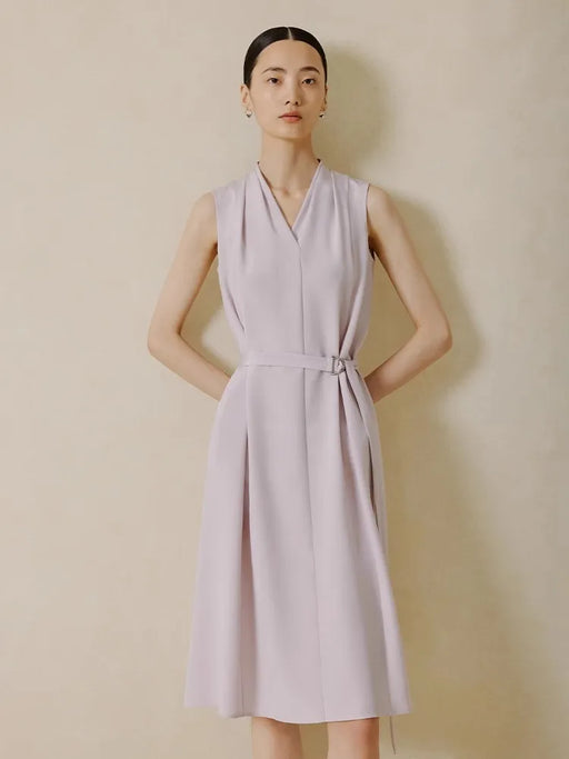 Elegant Silk V-Neck Dress with Waistband Pleats