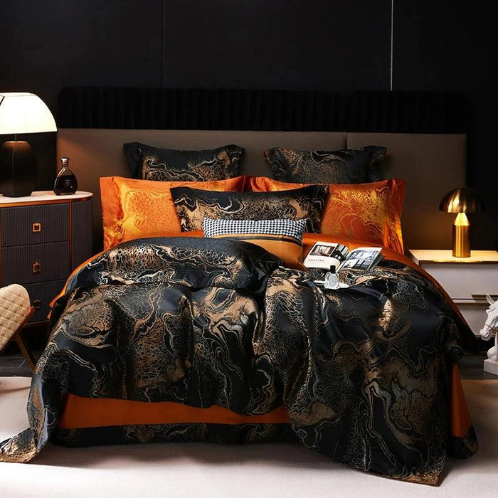 Luxurious Golden Jacquard Satin Bedding Set - 4-Piece Black Duvet & Egyptian Cotton Sheets