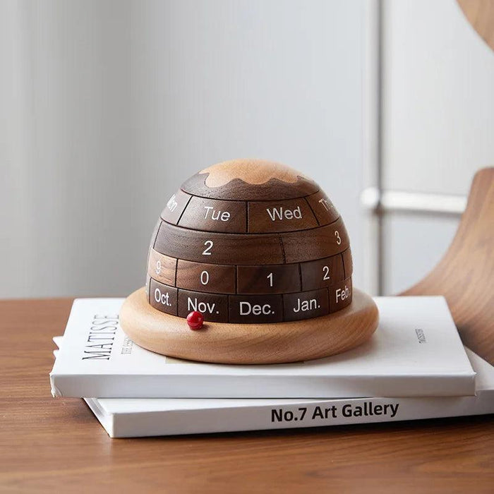 Artisan Black Walnut Planet Calendar Sculpture - Chic Accent for Home and Office