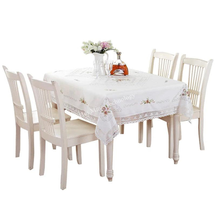 Elegant Floral Lace Trimmed White Cotton Tablecloth for Dining and Coffee Tables - European Pastoral Design