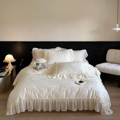 Luxurious Jacquard Lace and Chiffon Bedding Ensemble with Premium Egyptian Cotton - Beige Ruffled Duvet, Sheets, and Pillowcases