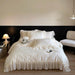 Luxurious Jacquard Lace and Chiffon Bedding Ensemble with Premium Egyptian Cotton - Beige Ruffled Duvet, Sheets, and Pillowcases