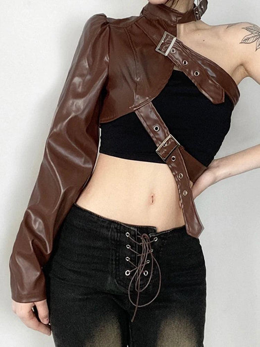 Edgy Asymmetrical Black PU Leather Cropped Halter Jacket