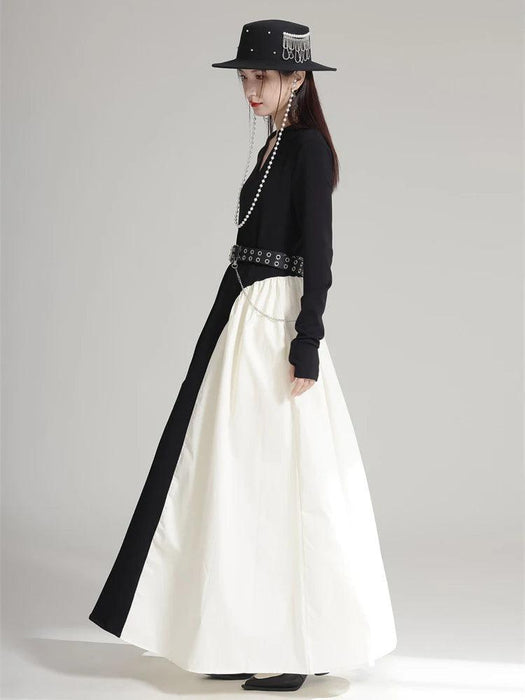 Chic Black Color-block Floor-Length Dress with V-Neck and Long Sleeves