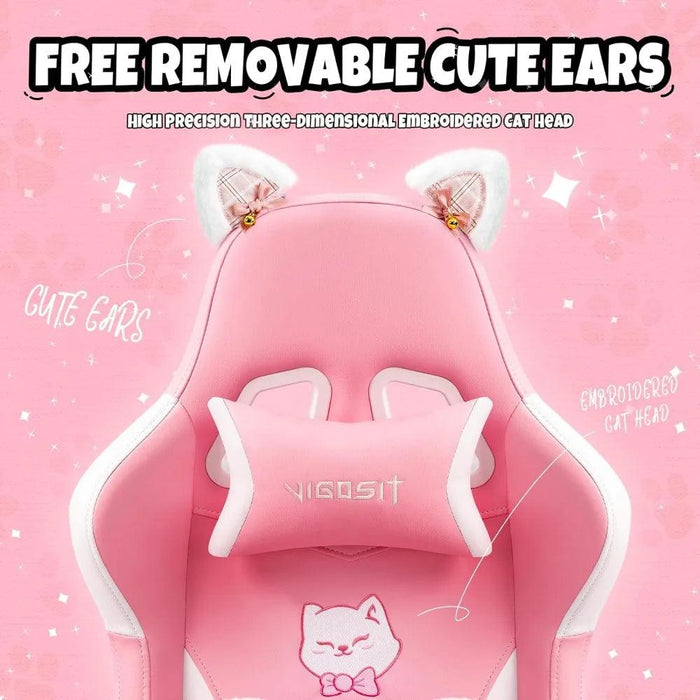 Adorable Pink Gaming Chair with Cat Ear Design and Adjustable Lumbar Support for Female Gamers