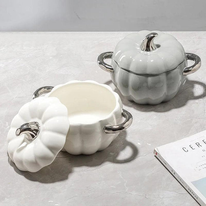 Festive Pumpkin-Shaped Ceramic Soup Pot and Dessert Bowl with Lid - Stylish Kitchen Essential