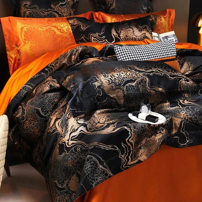 Luxurious Golden Jacquard Satin Bedding Set - 4-Piece Black Duvet & Egyptian Cotton Sheets