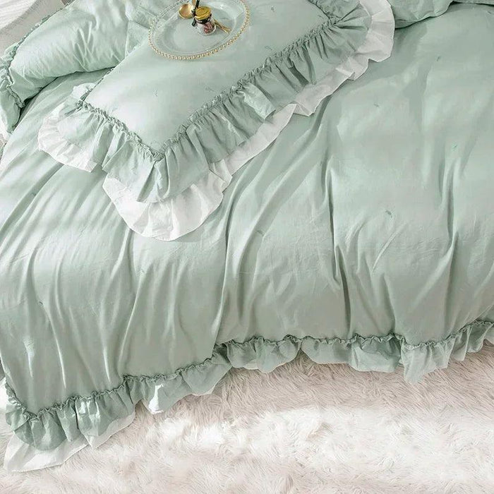 100% Cotton Solid Color Ruffled Bedding Set with Duvet Cover, Bed Skirt, and Pillowcases