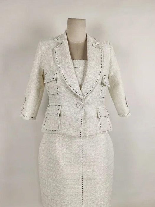 Elegant Women's Autumn 2-Piece Suit with Contrast Lines Belted Jacket and Slim Tweed Dress