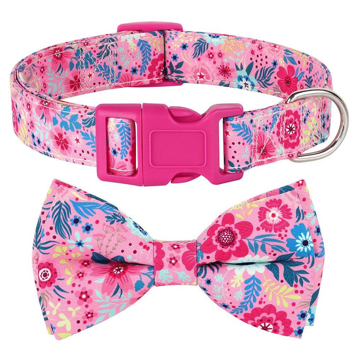 Floral Patterned Adjustable Dog Collar with Bowknot - Padded Nylon for All Breeds