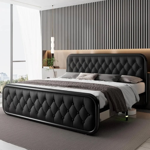 Luxurious Faux Leather Bed Frame with Heavy-Duty Support and Under-Bed Storage