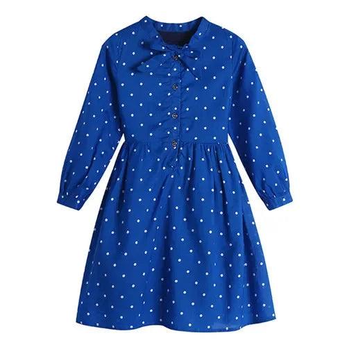 Girls' Long Sleeve Polka Dot Cotton Flare Dress - Stylish Blue Casual & Formal Wear for Kids