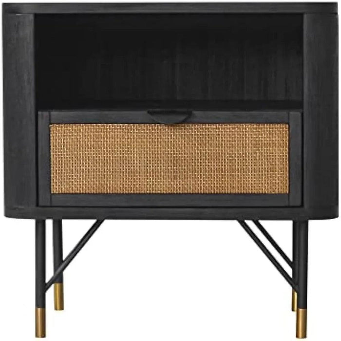 Saratoga Black Acacia Nightstand with Rattan Accents