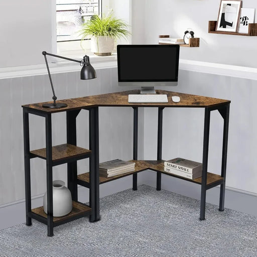 Triangular Corner Desk with Storage Shelves - Space-Saving Triangle Computer Table