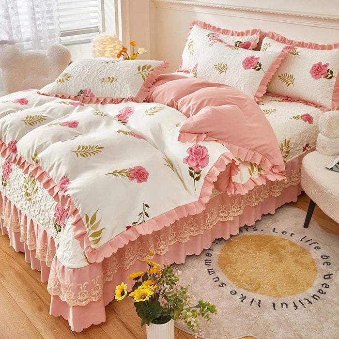 Chic Floral Ruffle Queen Bedding Set