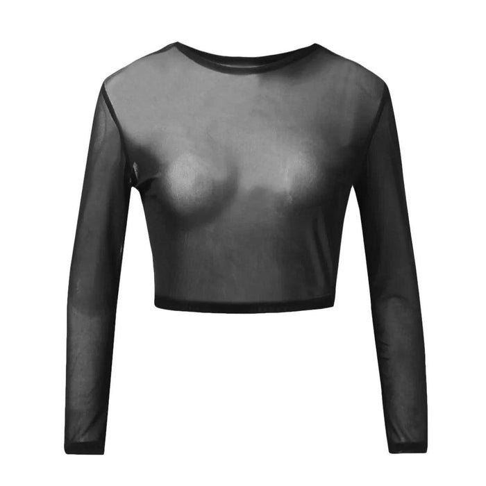 Sleek Sheer Black Mesh Long Sleeve Crop Top - A Must-Have Fashion Essential for Women