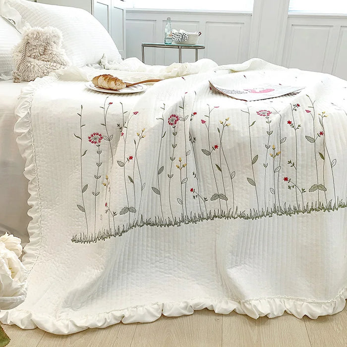 Embroidered Ruffle Flower Summer Quilt Set