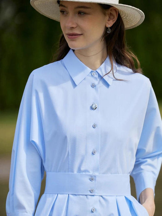 Elegant White Pleated Shirt Dress with Belt for Women - Spring Collection