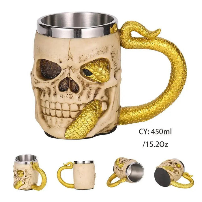 Skull Viking Pirate Resin Steel Tankard - Multi-Purpose Drinking Vessel and Decorative Accent