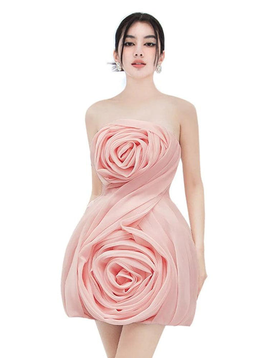 3D Floral Strapless Mini A-line Dress for Women – Slim Waist