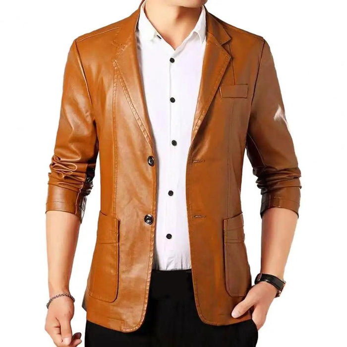 Men's Premium Faux Leather Lapel Jacket with Elegant Button Cuffs and Practical Pockets