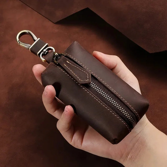 Retro Style Genuine Leather Key Pouch with Zipper Closure