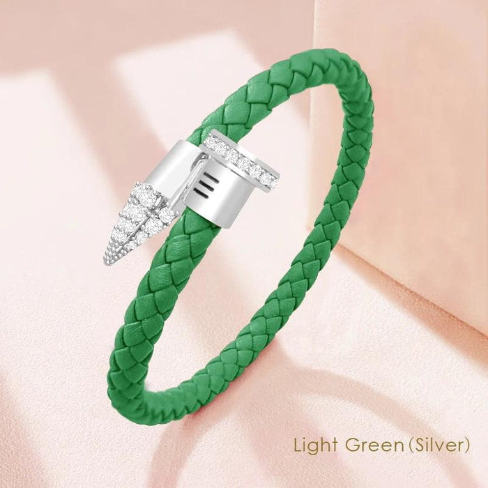 Chic Customizable Leather Nail Bracelet with Dazzling Zirconia - Stylish Women's Accessory