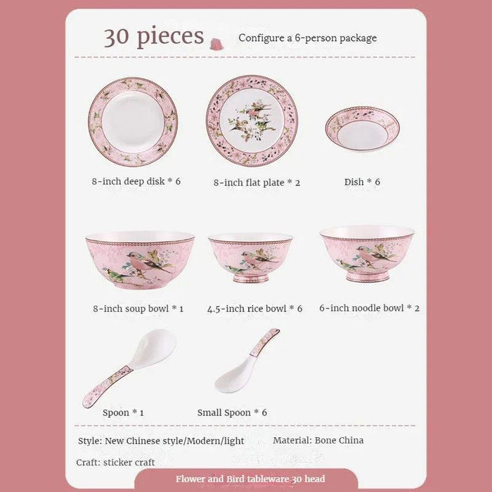 Elegant Pink Bone China Dining Ensemble: Complete 30-Piece Table Setting with Bowls, Plates, and Chopsticks