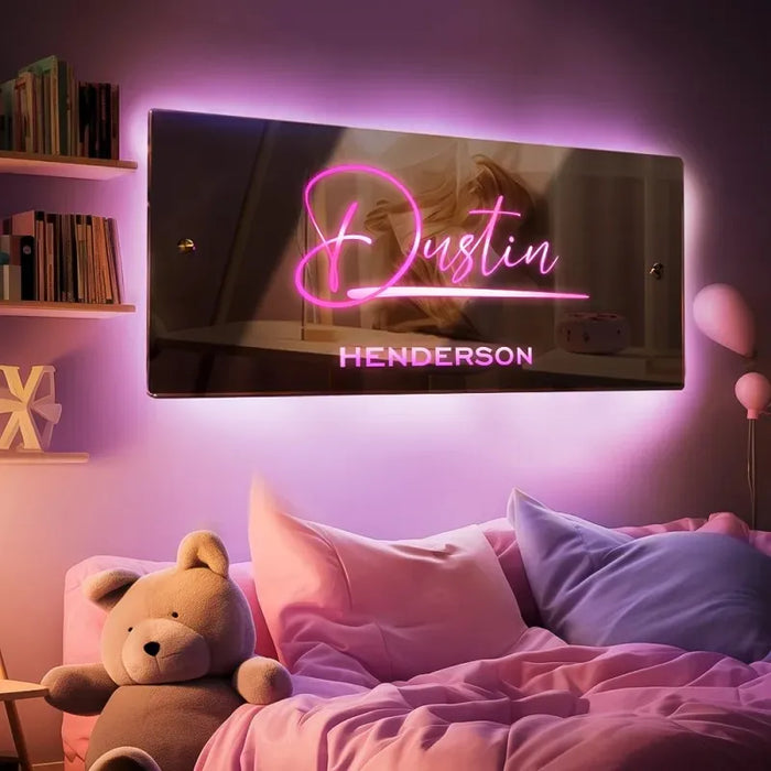 Customizable LED Family Name Illuminated Mirror - Unique Home Decor for Romantic Occasions