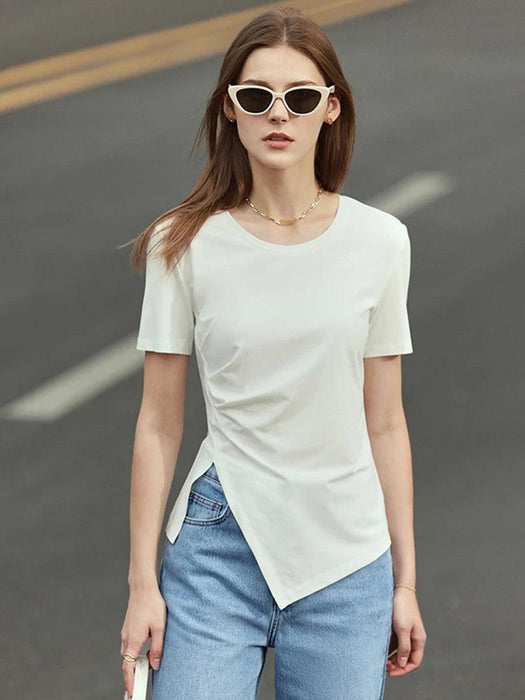 Chic Asymmetric Short Sleeve Tee - Women's Minimalist Top for Spring/Summer