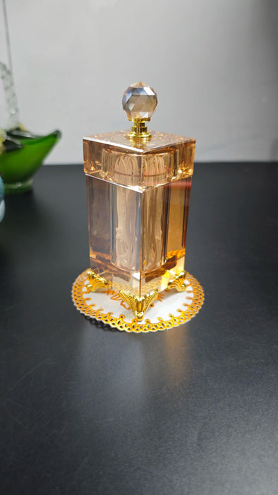 Elegant Amber Crystal Jar for Toothpicks and Cotton Swabs with Lid