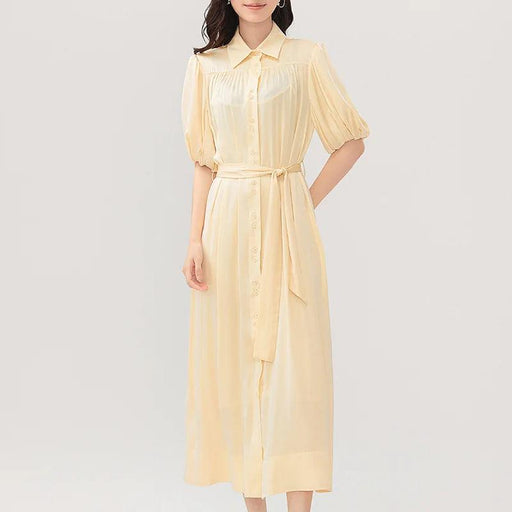 Silk Elegance Lace-Up Waist Dress - Women's Refreshing Solid Attire Embodied Femininity & Grace