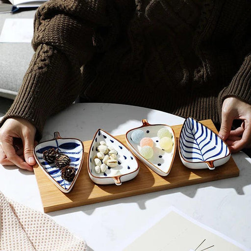 Artisan Japanese Leaf-Shaped Ceramic Serving Dish Set with Elegant Wooden Tray