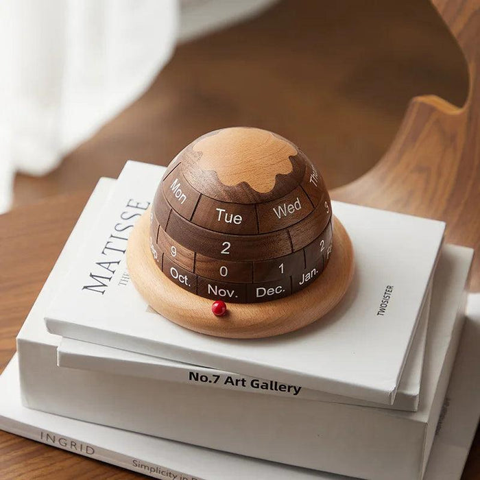 Artisan Black Walnut Planet Calendar Sculpture - Chic Accent for Home and Office