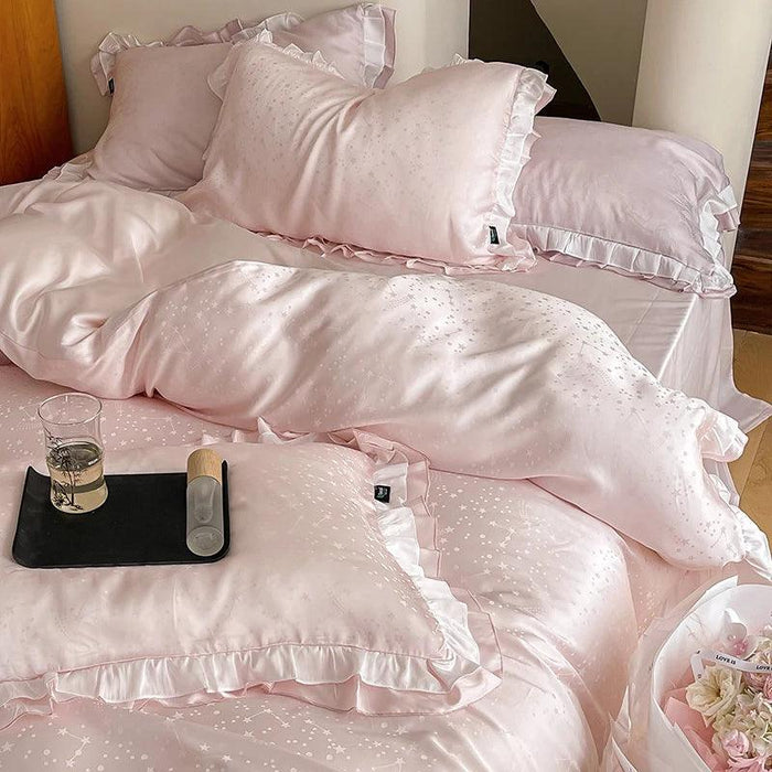 Luxurious Blush Lyocell Silky Princess Bedding Ensemble with Jacquard Ruffles - Duvet Cover, Flat Sheet, Fitted Sheet, and Pillowcases