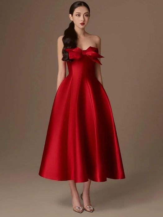 DEAT Chic Bowknot High-Waisted Satin Evening Dress - Strapless Backless Women's Summer Celebration Gown