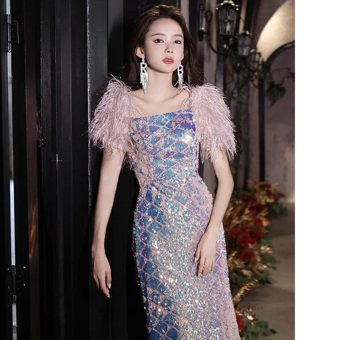 Enchanting Feathered Sleeve Sequin Mermaid Dress with Square Neckline for Glamorous Evenings