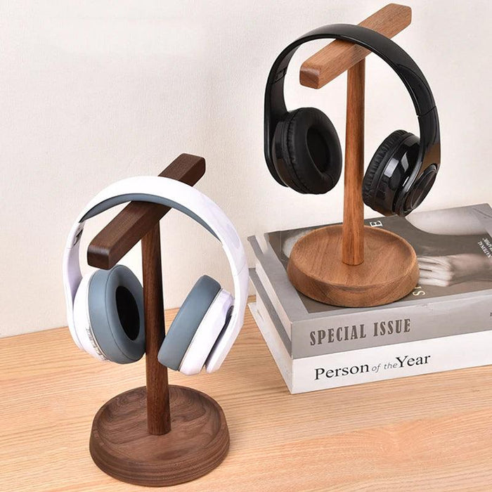 Sophisticated Dual Headphone Stand in Black Walnut & Acacia Wood with Elegant Storage Base