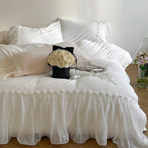 French Lace Ruffle Bedding Set with Velvet Duvet Cover and Floral Embroidery - 4-Piece Ensemble