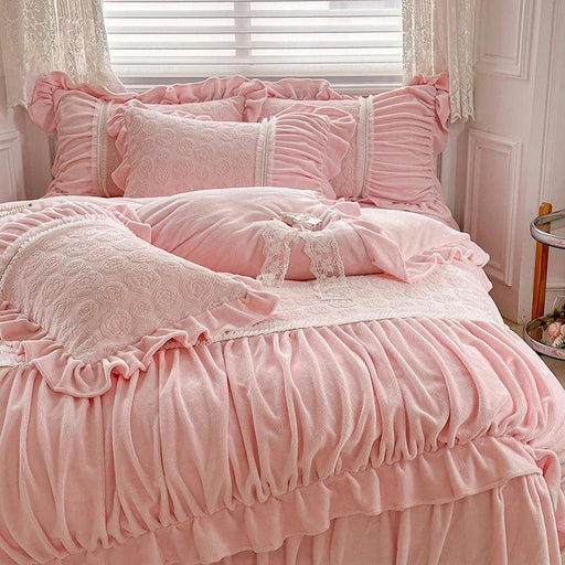 Pink Coral Velvet Bedding Set with Ruffled Duvet Cover and Pillowcases, Queen & King Sizes