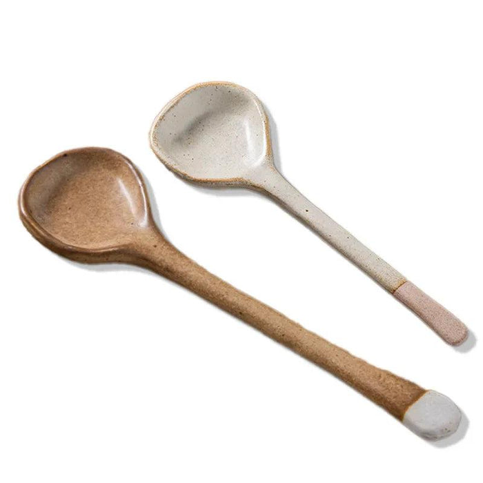 Japanese-Inspired Vintage Stoneware Soup Spoon with Extended Handle - Elegant Kitchen Tableware for 2024