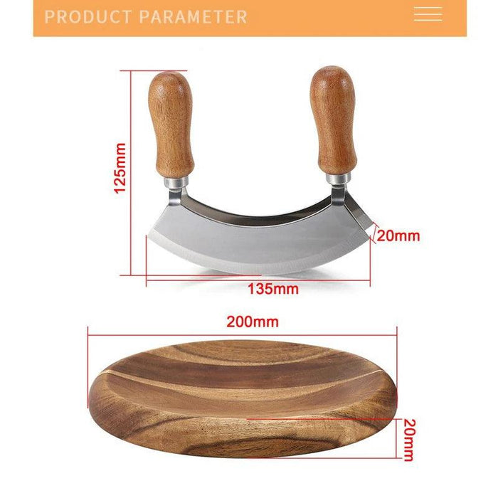 Double Blade Mezzaluna Chopper and Acacia Wood Board Set - Ideal for Efficient Herb, Nut, and Vegetable Preparation