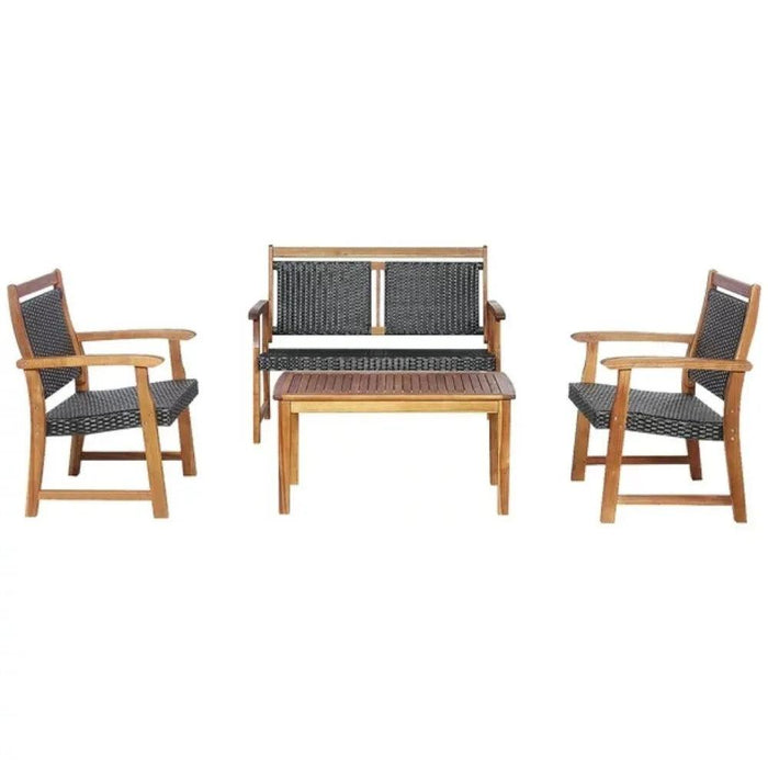 Outdoor Acacia Wood & Rattan 4-Piece Furniture Set - Chic Sofa, Loveseat, Table & Chairs for Garden Comfort