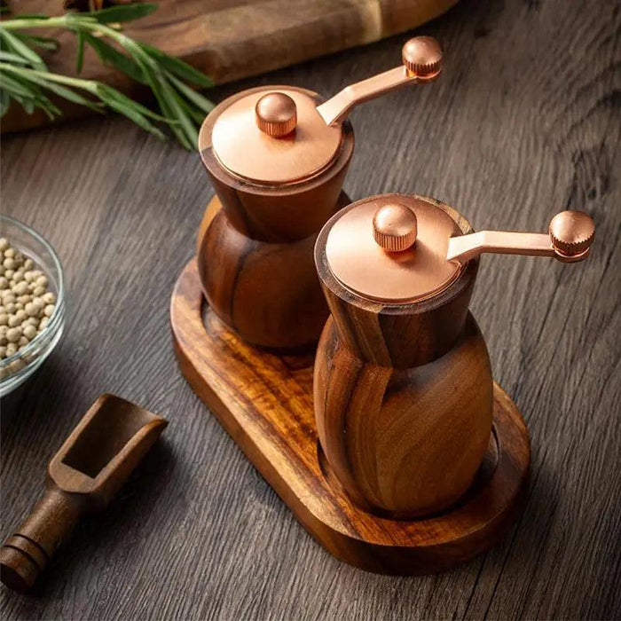 Elegant Hand-Cranked Wooden Spice Grinder Set with Adjustable Ceramic Core