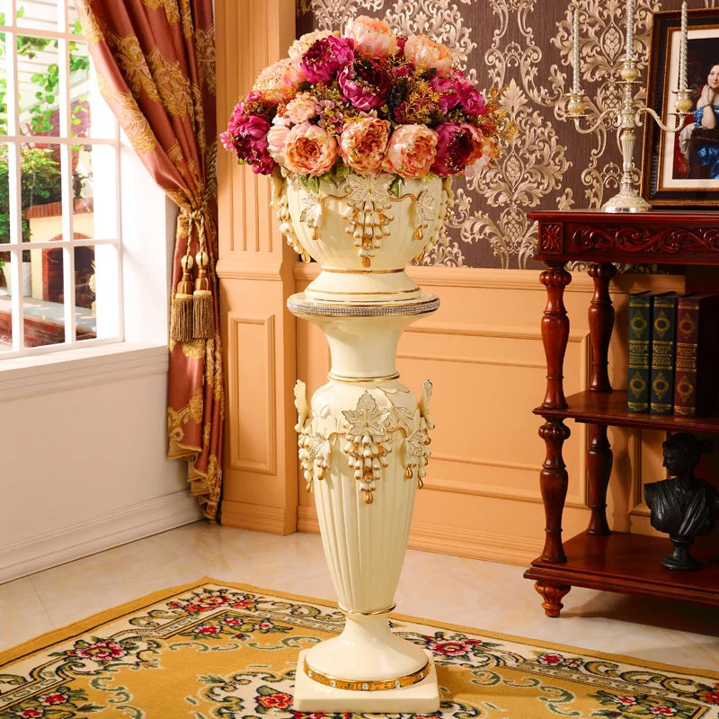 European style Roman column ornaments, luxurious large vase in the living room, ceramic floor vase, floral decoration, flowerpot